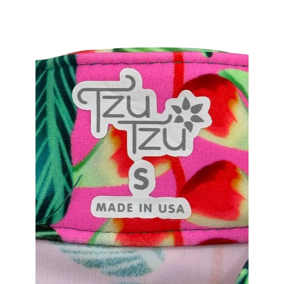 Tzu Tzu Sleeveless Dress Tropical Leaf Print Ruffle-Hem Green Pink USA Size S - Picture 4 of 7